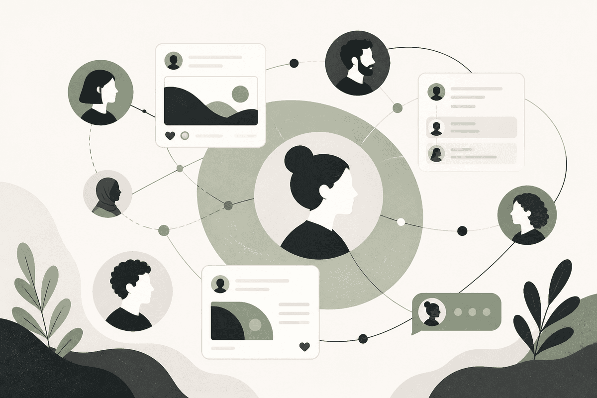 Illustration of people connected through posts and conversations on UNET